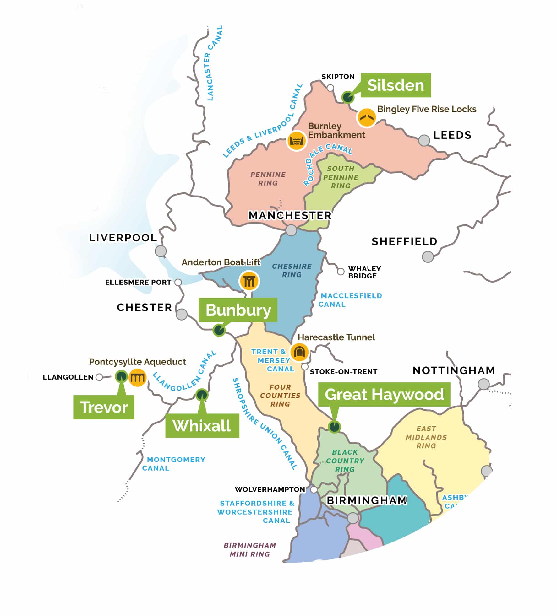 Map of canal boat holiday routes from Whixall and Trevor