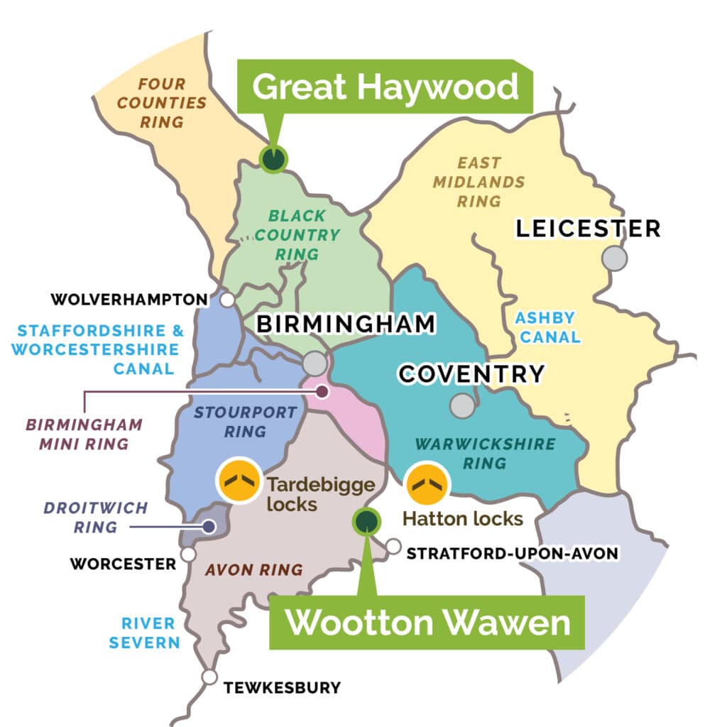 Map showing canal boat holiday routes from Wootton Wawen